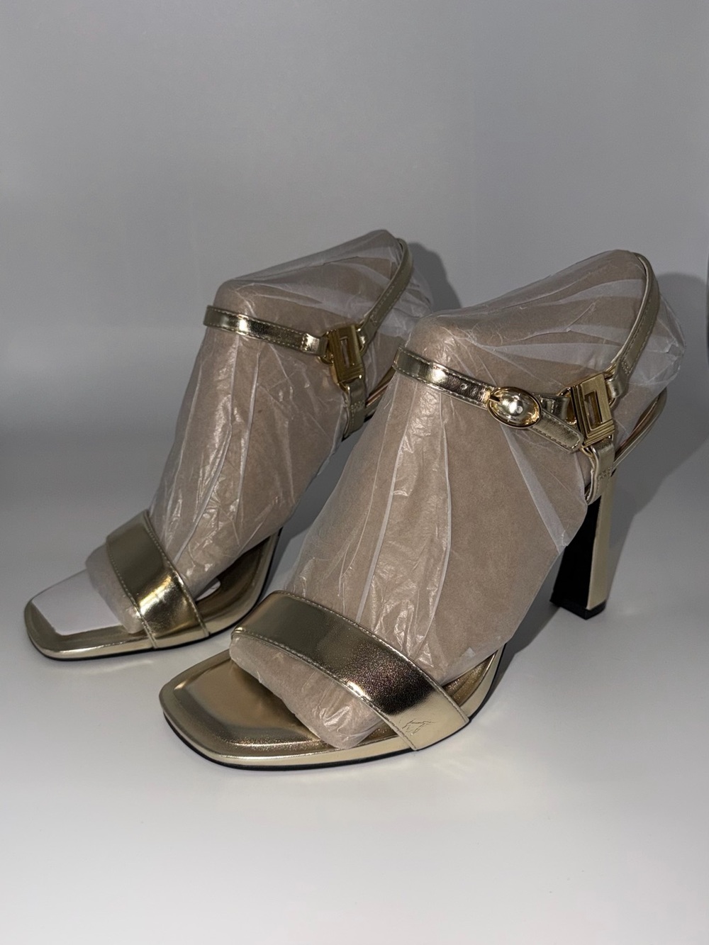 Karl Lagerfeld Gold Metallic Block Heel Sandals